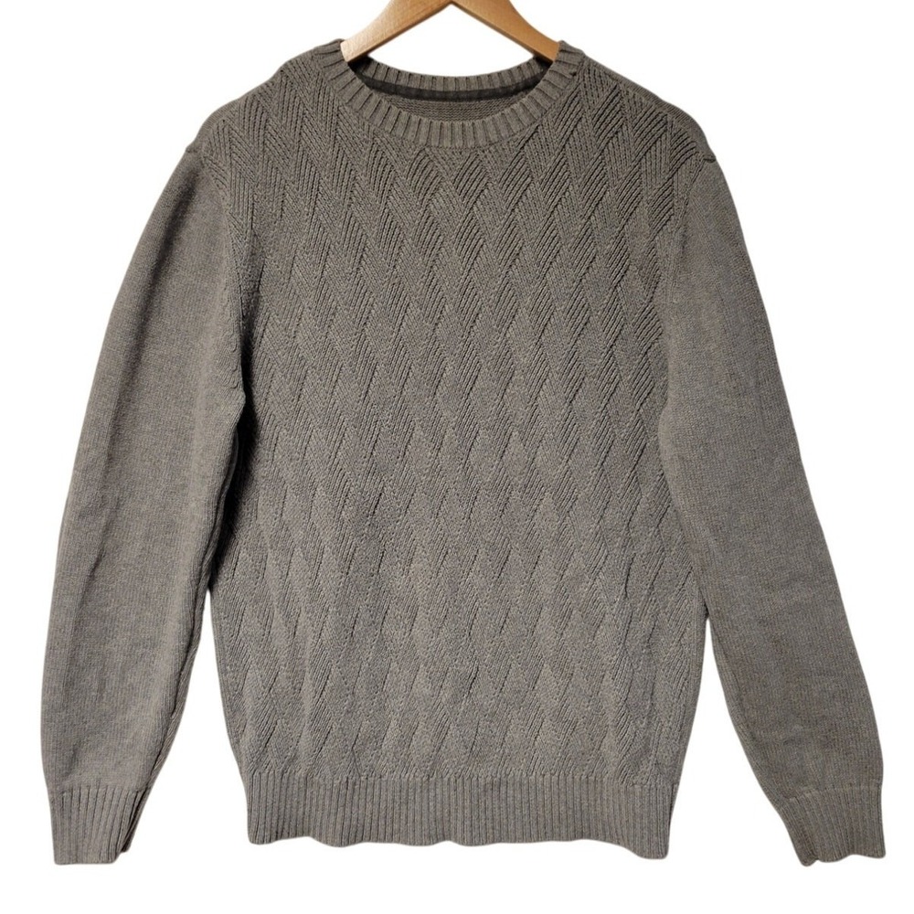 Diamond Knit Sweater Mens L Crew Neck Winter Minimalist Cabin Core Grandpa Gray